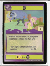 Size: 487x640 | Tagged: safe, edit, edited screencap, screencap, character:fluttershy, character:iron will, ccg, crap past the radar, enterplay, merchandise, mlp trading card game, out of context