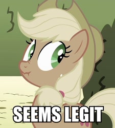 Size: 600x667 | Tagged: safe, edit, edited screencap, screencap, character:applejack, species:earth pony, species:pony, episode:the return of harmony, g4, my little pony: friendship is magic, applejack's hat, clothing, cowboy hat, female, hat, liar face, liarjack, mare, reaction image, scrunchy face, seems legit, solo