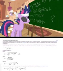 Size: 1000x1136 | Tagged: safe, edit, edited screencap, screencap, character:spike, character:twilight sparkle, character:twilight sparkle (unicorn), species:pony, species:unicorn, episode:it's about time, g4, my little pony: friendship is magic, chalkboard, english, eyepatch, fancy mathematics, female, future twilight, integral, math, messy mane, mind blown, physics, solo, special relativity, time dilation, wikipedia