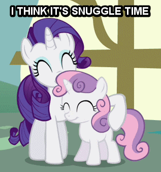 Size: 317x338 | Tagged: safe, edit, edited screencap, screencap, character:rarity, character:sweetie belle, episode:ponyville confidential, g4, my little pony: friendship is magic, animated, best sisters, cropped, cute, image macro, imma snuggle you, nuzzling, sisters, snuggling, sweetielove