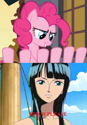 Size: 576x827 | Tagged: safe, edit, edited screencap, screencap, character:pinkie pie, episode:a friend in deed, g4, my little pony: friendship is magic, nico robin, one piece, pinkie being pinkie, pinkie physics, sleipnir