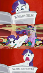 Size: 632x1079 | Tagged: safe, edit, edited screencap, screencap, character:rarity, character:twilight sparkle, species:pony, species:unicorn, book, fart, female, i'll destroy her, mare, newspaper