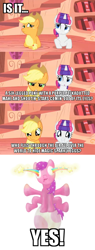 Size: 500x1317 | Tagged: safe, edit, edited screencap, screencap, character:applejack, character:rarity, episode:look before you sleep, g4, my little pony: friendship is magic, comic, hair curlers, looking at you, screencap comic, wat