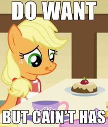 Size: 663x779 | Tagged: safe, edit, edited screencap, screencap, character:applejack, episode:a bird in the hoof, g4, my little pony: friendship is magic, accent, artifact, cake, cropped, cup, female, hatless, image macro, meme, missing accessory, solo, tongue out, want