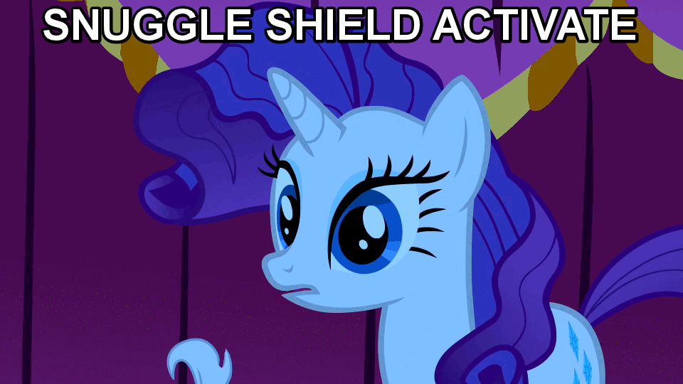 Size: 960x540 | Tagged: safe, edit, edited screencap, screencap, character:opalescence, character:rarity, episode:suited for success, g4, my little pony: friendship is magic, animated, eyes closed, frown, hiding, image macro, imma snuggle you, marshmelodrama, messy mane, scared, shivering