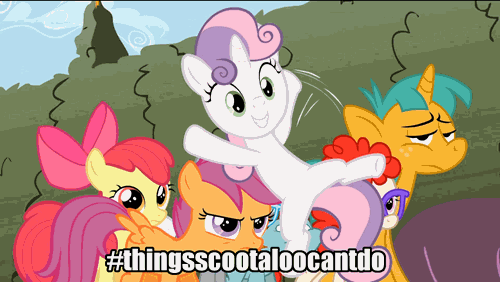 Size: 500x282 | Tagged: safe, edit, edited screencap, screencap, character:apple bloom, character:scootaloo, character:snails, character:snips, character:sweetie belle, character:twist, species:pegasus, species:pony, episode:the return of harmony, g4, my little pony: friendship is magic, animated, cutie mark crusaders, flailing, flying, hashtag, image macro, scootaloo can't fly, twitter