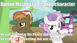 Size: 1280x720 | Tagged: safe, edit, edited screencap, screencap, character:archer, character:button mash, character:sweetie belle, episode:hearts and hooves day, g4, my little pony: friendship is magic, apple bytes, arcade game, archer (character), dexterous hooves, duo focus, image macro, scootablue, the perfect stallion, tongue out