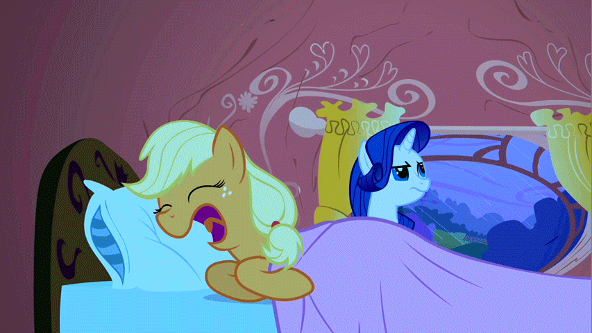Size: 853x480 | Tagged: safe, edit, edited screencap, screencap, character:applejack, character:rarity, episode:look before you sleep, g4, my little pony: friendship is magic, animated, bed, duo, pun, shoes, snoring, visual gag, wat