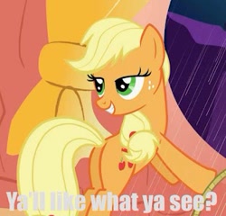 Size: 313x301 | Tagged: safe, edit, edited screencap, screencap, character:applejack, species:pony, bedroom eyes, bipedal, bipedal leaning, caption, female, implied, looking back, mare, plot, sexy, solo