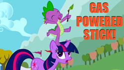 Size: 640x360 | Tagged: safe, edit, edited screencap, screencap, character:spike, character:twilight sparkle, episode:fall weather friends, g4, my little pony: friendship is magic, bravest warriors, duo, gas powered stick, image macro, twig