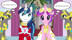 Size: 640x360 | Tagged: source needed, safe, edit, edited screencap, screencap, character:princess cadance, character:princess celestia, character:shining armor, species:alicorn, species:pony, species:unicorn, episode:a canterlot wedding, g4, my little pony: friendship is magic, female, horn ring, implied sex, implied weight gain, innuendo, male, mare, ring, royal guard, stallion, thought bubble, unicorn royal guard, wedding, wedding ring