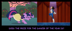 Size: 1274x560 | Tagged: safe, edit, edited screencap, screencap, character:twilight sparkle, episode:sweet and elite, g4, my little pony: friendship is magic, birthday dress, clothing, dancing, do the sparkle, dragon ball z, dress, engrish, eyes closed, floppy ears, open mouth, smiling, vegeta