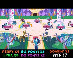 Size: 1280x1024 | Tagged: safe, edit, edited screencap, screencap, character:blaze, character:blue moon (g4), character:caesar, character:chocolate sun, character:cloud kicker, character:derpy hooves, character:fire streak, character:fleetfoot, character:high winds, character:lemon hearts, character:lightning streak, character:lyra heartstrings, character:lyrica lilac, character:minuette, character:misty fly, character:royal ribbon, character:silver lining, character:soarin', character:surprise, character:twinkleshine, character:white lightning, species:pegasus, species:pony, species:unicorn, episode:the best night ever, g4, my little pony: friendship is magic, affero, background pony, background pony audience, circled, clone, clones, derpies, ei, female, grand galloping gala, hub logo, hubble, lyravasion, male, mare, mouth hold, multeity, no tail, ponibooru, stallion, that pony sure does love pies, the hub, unstoppable force of derp, wonderbolts