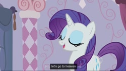 Size: 1023x576 | Tagged: safe, edit, edited screencap, screencap, character:rarity, episode:sisterhooves social, g4, my little pony: friendship is magic, female, heaven, hub logo, imminent ascension, meme, solo, this will end in death, youtube caption
