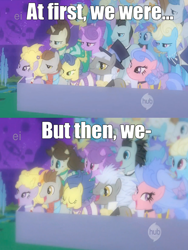 Size: 492x654 | Tagged: safe, edit, edited screencap, screencap, character:bruce mane, character:caesar, character:daisy, character:diamond mint, character:eclair créme, character:fine line, character:lemony gem, character:lyrica lilac, character:minuette, character:north star (g4), character:orion, character:royal ribbon, character:serena, character:spring forward, character:star gazer, species:pony, episode:the best night ever, g4, my little pony: friendship is magic, after, background pony, background pony audience, before, ei, exploitable meme, female, hub logo, hubble, image macro, in-universe brony, in-universe pegasister, male, mare, masquerade, meme, north star, obligatory pony, reaction, reaction image, romana, stallion, the hub