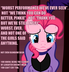Size: 697x720 | Tagged: safe, edit, edited screencap, screencap, character:pinkie pie, episode:over a barrel, g4, my little pony: friendship is magic, clothing, cropped, dress, female, image macro, pink text, sad, saloon dress, saloon pinkie, solo
