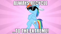 Size: 1280x720 | Tagged: safe, edit, edited screencap, screencap, character:rainbow dash, species:pegasus, species:pony, episode:may the best pet win, g4, my little pony: friendship is magic, '90s, backwards ballcap, baseball cap, bipedal, cap, clothing, crossed hooves, female, hat, image macro, poochie, solo, sunburst background, sunglasses, the simpsons
