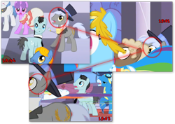 Size: 816x579 | Tagged: safe, edit, edited screencap, screencap, character:bruce mane, character:caesar, character:north star (g4), character:orion, character:perfect pace, character:rainbow dash, character:sealed scroll, character:soarin', episode:the best night ever, g4, my little pony: friendship is magic, clothing, hat, monocle and top hat, north star, teleportation, the master