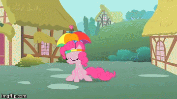 Size: 360x202 | Tagged: safe, edit, edited screencap, screencap, character:applejack, character:pinkie pie, character:rainbow dash, species:pony, episode:applebuck season, episode:feeling pinkie keen, g4, my little pony: friendship is magic, animated, clothing, faceplant, falling, gif, hat, imgflip, pinkie sense, seesaw, silly, silly pony, twitchy tail, umbrella hat, who's a silly pony