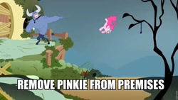Size: 960x540 | Tagged: safe, edit, edited screencap, screencap, character:iron will, character:pinkie pie, episode:putting your hoof down, g4, my little pony: friendship is magic, image macro, remove kebab, roflbot, throwing