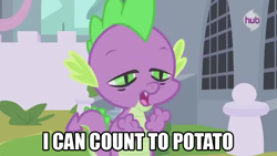 Size: 640x360 | Tagged: safe, edit, edited screencap, screencap, character:spike, episode:the crystal empire, g4, my little pony: friendship is magic, spoiler:s03, hub logo, male, mid-blink screencap, solo, stoned, stoner spike