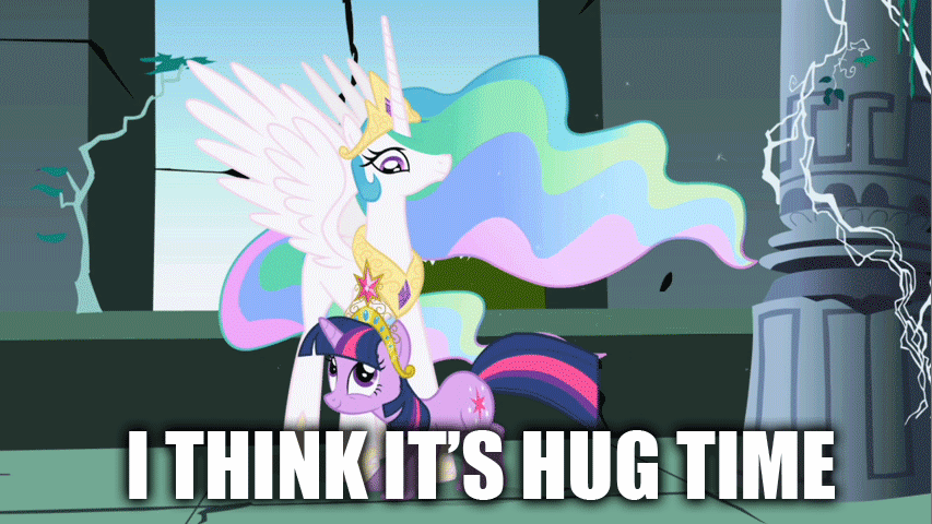 Size: 853x480 | Tagged: safe, edit, edited screencap, screencap, character:princess celestia, character:twilight sparkle, character:twilight sparkle (unicorn), species:alicorn, species:pony, species:unicorn, episode:friendship is magic, g4, my little pony: friendship is magic, animated, castle of the royal pony sisters, cute, cutelestia, eyes closed, heartwarming, hug, image macro, meme, neck hug, neck nuzzle, nuzzling, smiling, spread wings, sweet dreams fuel, twiabetes, twilight cat, wings