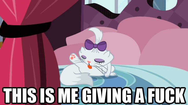 Size: 720x405 | Tagged: safe, edit, edited screencap, screencap, character:opalescence, episode:sweet and elite, g4, my little pony: friendship is magic, animated, caption, cats doing cat things, licking, no fucks, solo, tongue out, vulgar