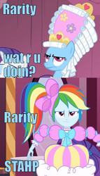 Size: 412x720 | Tagged: safe, edit, edited screencap, screencap, character:rainbow dash, character:rarity, episode:swarm of the century, g4, my little pony: friendship is magic, my little pony:equestria girls, clothing, dress, dressup, image macro, implied rarity, mare antoinette, marie antoinette, rainbow dash always dresses in style, rainbow dash is not amused, stahp, this is our big night, unamused