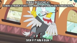Size: 800x450 | Tagged: safe, edit, edited screencap, screencap, character:gustave le grande, species:griffon, episode:mmmystery on the friendship express, g4, my little pony: friendship is magic, cliche, french, gustave le grande, image macro, meme, moustache, solo, stereotype