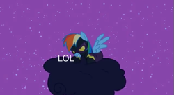 Size: 635x347 | Tagged: safe, edit, edited screencap, screencap, character:rainbow dash, species:pegasus, species:pony, episode:luna eclipsed, g4, my little pony: friendship is magic, clothing, cloud, costume, female, grin, lol, lying on a cloud, mare, night, nightmare night, nightmare night costume, on a cloud, shadowbolt dash, shadowbolts, shadowbolts costume, smiling, solo, spread wings, stars, twilight the swirly bearded, wings, youtube, youtube link, youtube poop