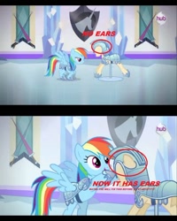 Size: 500x625 | Tagged: safe, edit, edited screencap, screencap, character:rainbow dash, episode:the crystal empire, g4, my little pony: friendship is magic, spoiler:s03, animation error, armor, bipedal, circled, ears, female, hub logo, jousting, mannequin, no ears, season 3, solo, the ballad of the crystal empire