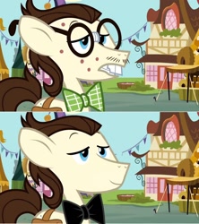 Size: 1152x1300 | Tagged: safe, edit, edited screencap, screencap, character:gizmo, species:earth pony, species:pony, episode:putting your hoof down, g4, my little pony: friendship is magic, acne, bow tie, bucktooth, comparison, facial hair, glasses, male, moustache, stallion