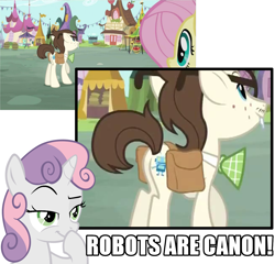 Size: 1123x1080 | Tagged: safe, edit, edited screencap, screencap, character:bon bon, character:fluttershy, character:gizmo, character:lyra heartstrings, character:sweetie belle, character:sweetie drops, species:pegasus, species:pony, species:unicorn, sweetie bot, episode:putting your hoof down, g4, my little pony: friendship is magic, canon, cutie mark, female, filly, foal, glasses, horn, male, mare, plot, robot, saddle bag, smiling, text