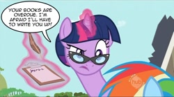 Size: 996x559 | Tagged: safe, edit, edited screencap, screencap, character:rainbow dash, character:twilight sparkle, character:twilight sparkle (unicorn), species:pegasus, species:pony, species:unicorn, episode:lesson zero, g4, my little pony: friendship is magic, dialogue, female, glasses, hair bun, librarian, mare, twibrarian