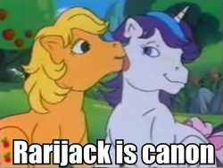 Size: 577x435 | Tagged: safe, edit, edited screencap, screencap, character:applejack (g1), character:glory, species:earth pony, species:pony, species:unicorn, episode:rescue at midnight castle, g1, my little pony 'n friends, caption, duo, female, image macro, lesbian, meme, shipping