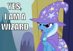 Size: 517x360 | Tagged: safe, edit, edited screencap, screencap, character:trixie, species:pony, species:unicorn, are you a wizard, cape, clothing, female, hat, mare, reaction image, solo, trixie's cape, trixie's hat, wizard, wizard hat