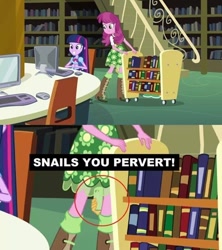 Size: 500x562 | Tagged: safe, edit, edited screencap, screencap, character:cheerilee, character:snails, character:twilight sparkle, my little pony:equestria girls, caption, phone, when you see it