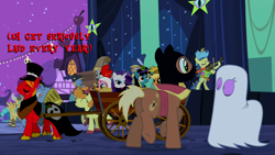 Size: 1280x720 | Tagged: safe, edit, edited screencap, screencap, character:applejack, character:berry punch, character:berryshine, character:big mcintosh, character:carrot top, character:derpy hooves, character:fiddlesticks, character:golden harvest, character:meadow song, character:pinkie pie, character:rarity, character:sassaflash, character:sea swirl, character:sunshower raindrops, species:earth pony, species:pony, episode:luna eclipsed, g4, my little pony: friendship is magic, apple family member, big macintosh gets all the mares, clothing, costume, harem, hayride, mac the ripper, male, nightmare night costume, ragtime, stallion, wagon
