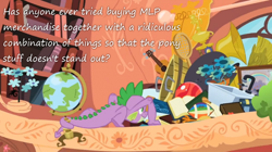 Size: 800x447 | Tagged: safe, edit, edited screencap, screencap, character:spike, species:dragon, episode:secret of my excess, g4, my little pony: friendship is magic, american football, book, bookshelf, flower, globe, greed spike, guitar, hoard, insane pony thread, male, sink, text, trophy