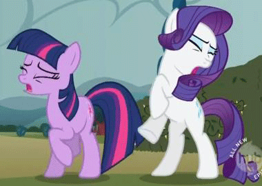 Size: 380x270 | Tagged: safe, edit, edited screencap, screencap, character:rarity, character:twilight sparkle, species:pony, episode:the return of harmony, g4, my little pony: friendship is magic, animated, cropped, duo, eyes closed, female, hoofy-kicks, hub logo, mare, missing horn, open mouth, rearing, trotting, trotting in place