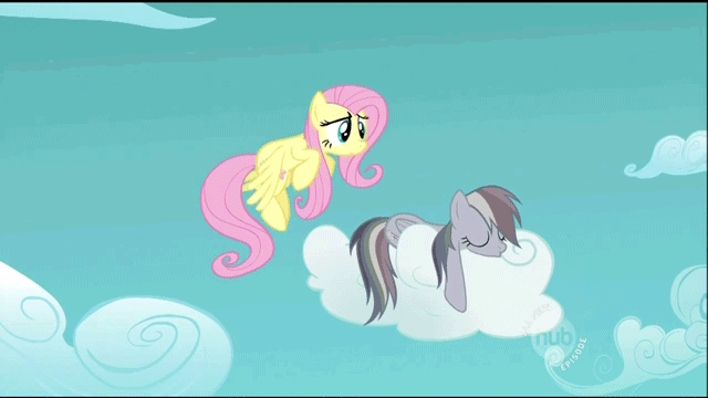 Size: 640x360 | Tagged: safe, edit, edited screencap, screencap, character:fluttershy, character:rainbow dash, species:pegasus, species:pony, episode:the return of harmony, g4, my little pony: friendship is magic, animated, bump, butt touch, cloud, duo, female, flying, gif, hoof on butt, hooves, hub logo, lying on a cloud, mare, on a cloud, sleeping, spread wings, text, traitor dash, wings