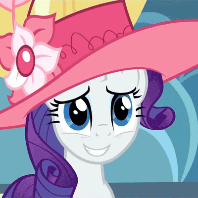 Size: 400x400 | Tagged: safe, edit, edited screencap, screencap, character:rarity, species:pony, species:unicorn, episode:sweet and elite, g4, my little pony: friendship is magic, animated, clothing, content-aware scale, cropped, female, gif, grin, hat, smiling, solo, worried