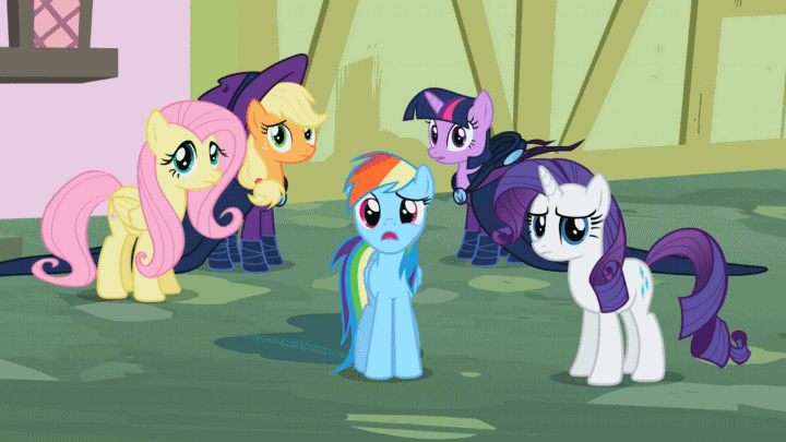 Size: 720x405 | Tagged: safe, edit, edited screencap, screencap, character:applejack, character:fluttershy, character:rainbow dash, character:rarity, character:twilight sparkle, episode:the mysterious mare do well, g4, my little pony: friendship is magic, animated, image macro, mare do well costume, reaction image