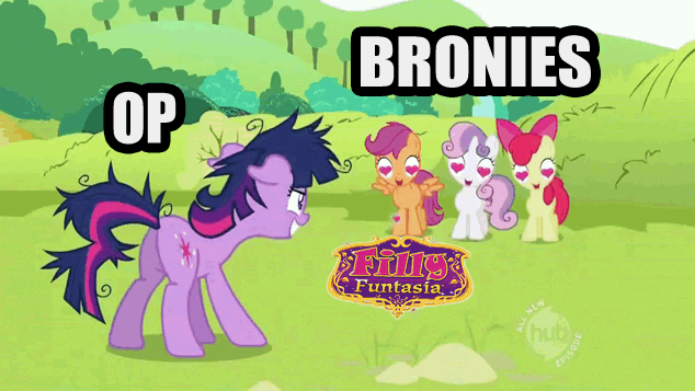 Size: 634x357 | Tagged: safe, edit, edited screencap, screencap, character:apple bloom, character:scootaloo, character:sweetie belle, character:twilight sparkle, species:pegasus, species:pony, episode:lesson zero, g4, my little pony: friendship is magic, animated, bait, ball of violence, cutie mark crusaders, drama, fight, filly (dracco), filly funtasia, filly funtasia drama, heart eyes, internet fight, meta, metaphor gif, rubbing hooves, starry eyes, twilight snapple, wingding eyes