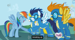 Size: 573x306 | Tagged: safe, edit, edited screencap, screencap, character:blaze, character:rainbow dash, character:soarin', character:surprise, species:pegasus, species:pony, episode:the ticket master, g4, my little pony: friendship is magic, breakup, caption, ei, female, goggles, happy, hub logo, hubble, male, mare, meme, spread wings, stallion, the hub, wingboner, wings, wonderbolts, wonderbolts uniform, youtube caption