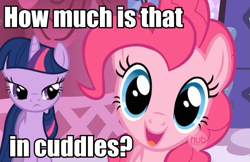 Size: 671x436 | Tagged: safe, edit, edited screencap, screencap, character:pinkie pie, character:twilight sparkle, episode:suited for success, g4, my little pony: friendship is magic, bronybait, cuddling, image macro