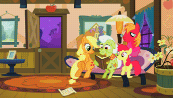 Size: 346x195 | Tagged: safe, edit, edited screencap, screencap, character:apple bloom, character:applejack, character:big mcintosh, character:granny smith, species:earth pony, species:pony, episode:apple family reunion, g4, my little pony: friendship is magic, animated, barn, diebuster, farm, female, filly, gunbuster, male, mare, moon, parody, shooting star, shooting stars, stallion, sweet apple acres