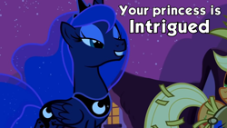 Size: 960x540 | Tagged: safe, edit, edited screencap, screencap, character:applejack, character:princess luna, episode:luna eclipsed, g4, my little pony: friendship is magic, caption, clothing, costume, duo, nightmare night costume, scarecrow, text