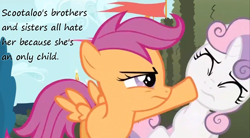 Size: 854x470 | Tagged: safe, edit, edited screencap, screencap, character:scootaloo, character:sweetie belle, species:pegasus, species:pony, episode:the return of harmony, g4, my little pony: friendship is magic, insane pony thread, logic bomb, paradox, song reference, text, wat, weird al yankovic
