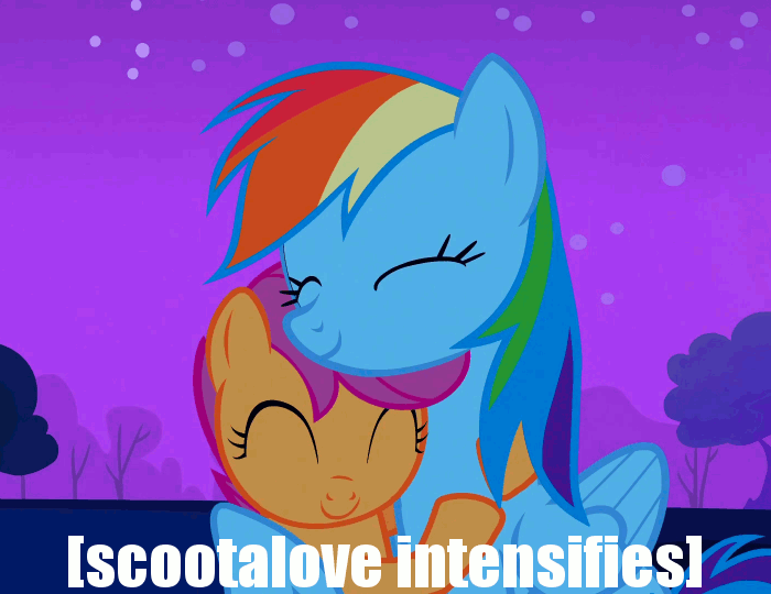 Size: 700x540 | Tagged: safe, edit, edited screencap, screencap, character:rainbow dash, character:scootaloo, species:pegasus, species:pony, episode:sleepless in ponyville, g4, my little pony: friendship is magic, animated, caption, descriptive noise, gif with captions, meme, scootalove, x intensifies